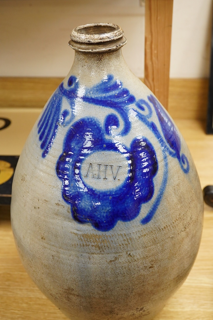 A large European salt glazed stoneware flagon, 43cm high
